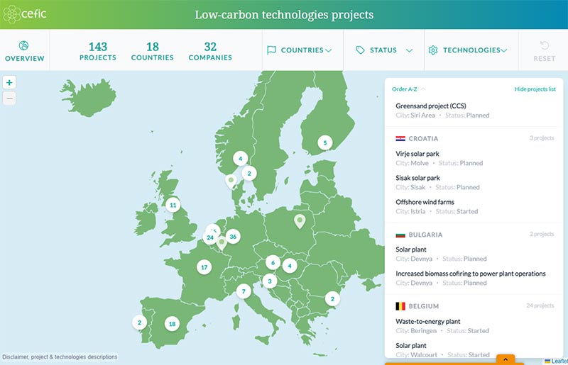 Το Ευρωπαϊκό Συμβούλιο Χημικής Βιομηχανίας (Cefic), παρουσιάζει έναν διαδραστικό χάρτη έργων στην Ευρώπη για τεχνολογίες χαμηλών εκπομπών διοξειδίου του άνθρακα