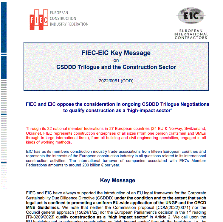Βασικό μήνυμα των FIEC & EIC για τον τριμερή διάλογο αναφορικά με την βιωσιμότητα και τον τομέα των κατασκευών